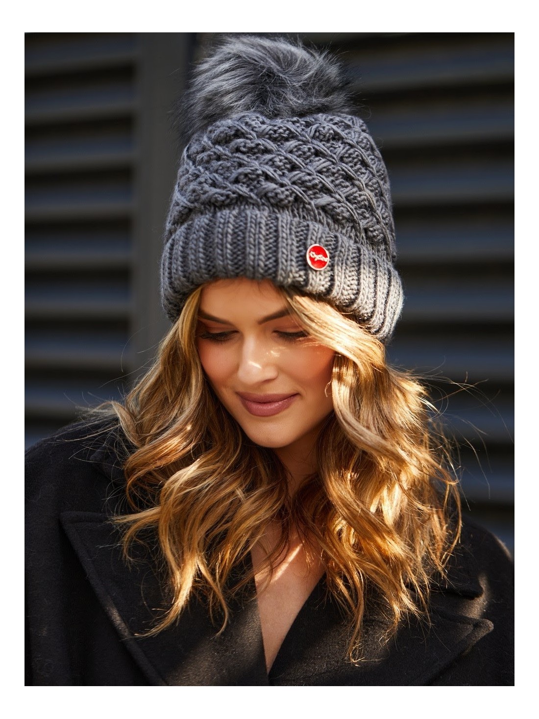 Warm winter hat with a pompom, graphite C37 - Online store - Boutique